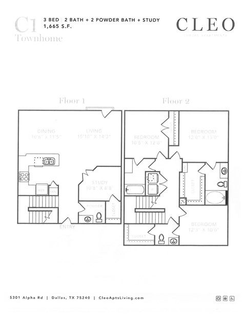 A floor plan for a 3 bedroom, 2 bathroom home with a study.